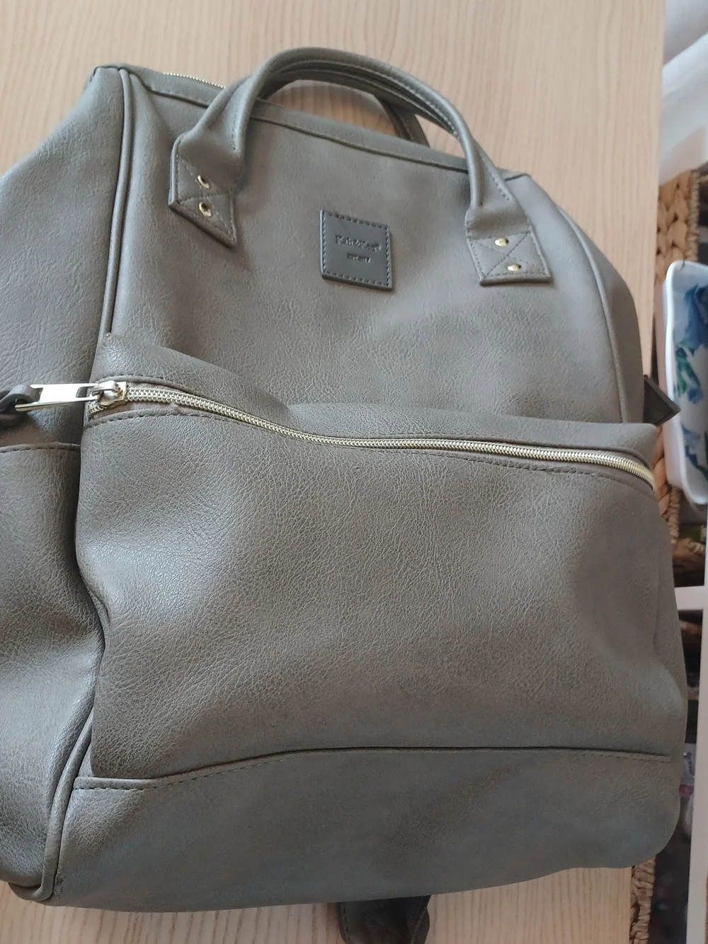 Gray Taupe Faux Leather Vegan Backpack with Front Zip Pocket - Picture 1 of 5